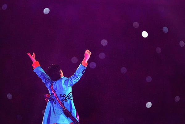 Prince performs during the "Pepsi Halftime Show" at Super Bowl XLI between the Indianapolis Colts and the Chicago Bears in 2007 at Dolphin Stadium in Miami Gardens, Florida. <br>Photo: Jed Jacobsohn/Getty Images.