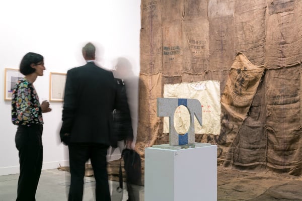 Installation view of Jiri kolar and Ibrahim Mahama at Then/Now, Miart 2016 Photo: Andrea Rossetti, Courtesy Lelong, Paris New York and Apalazzogallery, Brescia.