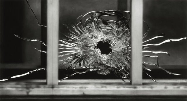 Robert Longo, Untitled (Bullet Hole in Window, January 7, 2015), 2015-2016.Photo: courtesy Thaddaeus Ropac.
