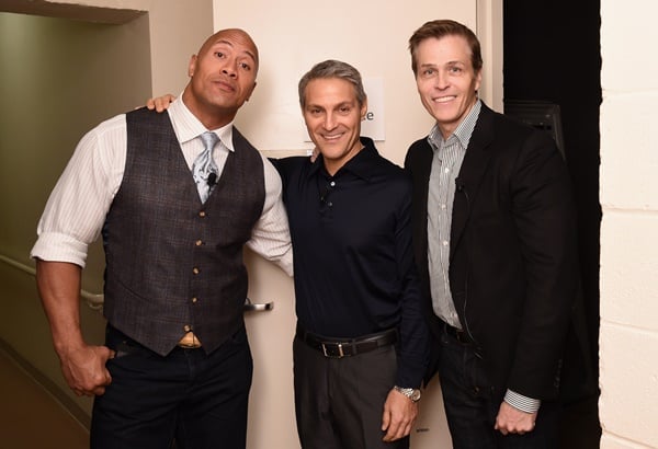 NEW YORK, NY - NOVEMBER 09: (L-R) Dwayne "The Rock" Johnson, Ari Emanuel and Patrick Whitesell appear backstage during 'The Next Intersection For Hollywood with William Morris Endeavor's Ari Emanuel, Patrick Whitesell and Dwayne "The Rock" Johnson' at the Fast Company Innovation Festival on November 9, 2015 in New York City. (Photo by Ilya S. Savenok/Getty Images for Fast Company)