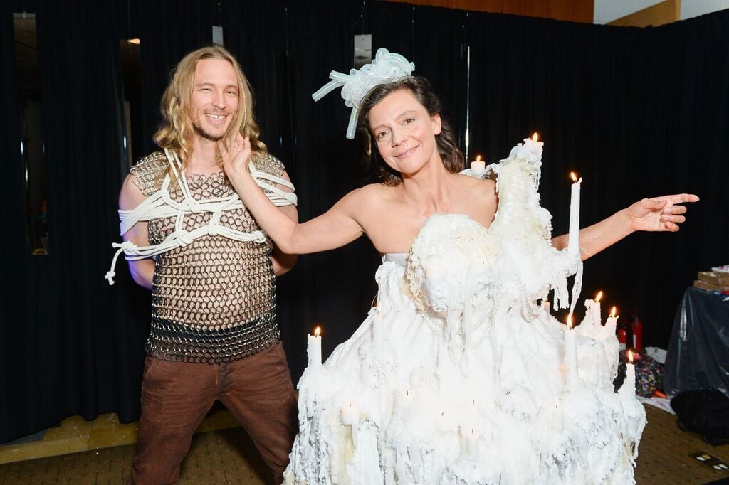 Rick Kariolic and Anita Durst in a candelabra dress by Flambeaux at the 2016 chashama Gala. Courtesy of photographer Joe Schildhorn/BFA.