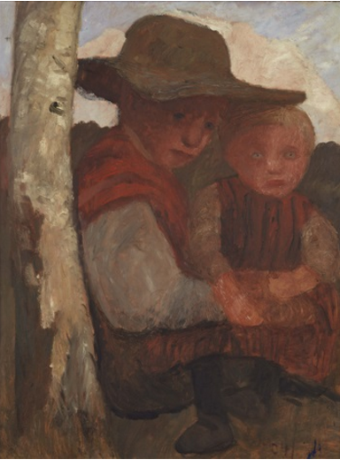 Paula Modersohn-Becker, Sitzendes Mädchen mit Strohhut und Kind auf dem Schoß (1904). Courtesy of Galerie Michael Haas.