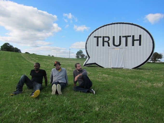 Ryan Alexiev, Hank Willis Thomas, and Jim Ricks with The Truth Booth on its first trip, to Ireland. Photo: courtesy Cause Collective.