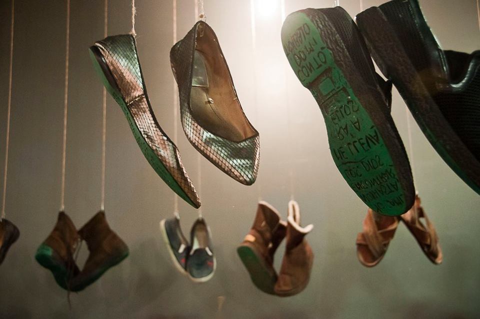 Shoes of relatives of missing people hung from the ceiling of the Museo Casa de la Memoria Indomita in Alfredo Lopez Caranova's 