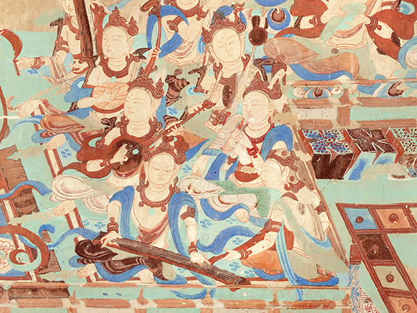 Cave 85, detail of wall painting of musicians, Late Tang dynasty (848–907 CE). Mogao Grottoes, Dunhuang, China. Courtesy the Dunhuang Academy.