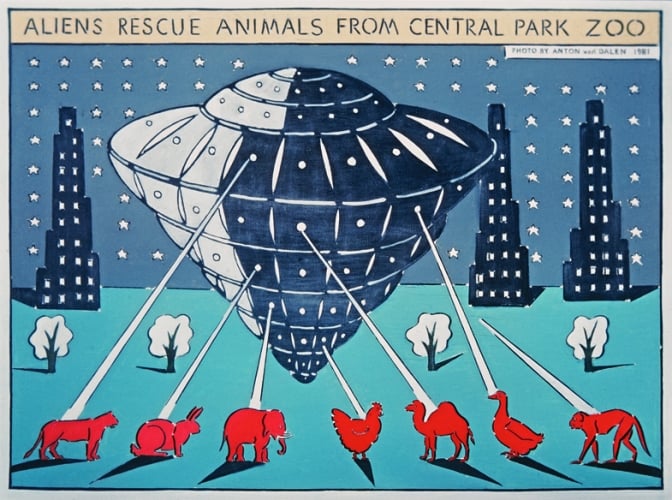 Anton van Dalen, Aliens Rescue Animals from Central Park Zoo (1981). Courtesy Sargent's Daughters.