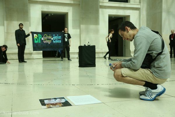 Art activist install protest artwork at the British Museum in London. Photo: Kristian Buus, Courtesy BP or not BP?