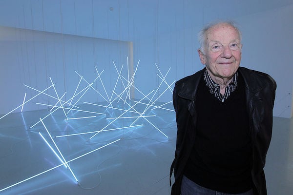 François Morellet poses in front of light installations on February 28, 2011 at his retrospective at the Centre Pompidou in Paris. Photo: Pierre Verdy/AFP/Getty Images.