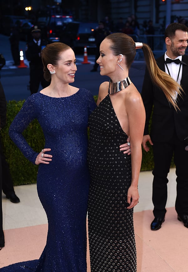 Emily Blunt and Olivia Wilde attend the "Manus x Machina: Fashion in an Age of Technology" Costume Institute Gala at Metropolitan Museum of Art. Courtesy of Timothy A. Clary/AFP/Getty Images.