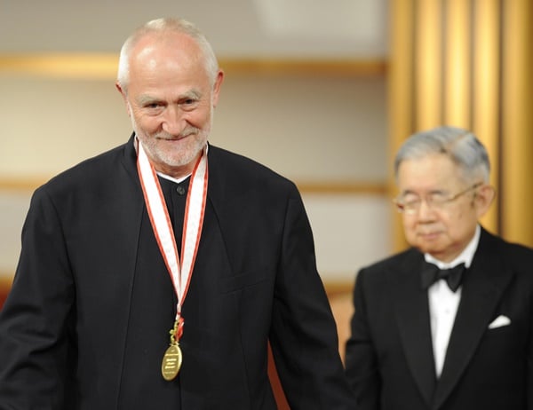 Peter Zumthor of Switzerland (L) is awarded the architecture category of the 20th Praemium Imperiale by Japan's Prince Hitachi (R) during the awarding ceremony in Tokyo on October 15, 2008. The Praemium Imperiale is a global arts prize awarded annually by the Japan Art association, first held in 1989. AFP PHOTO/Kazuhiro NOGI (Photo credit should read KAZUHIRO NOGI/AFP/Getty Images)