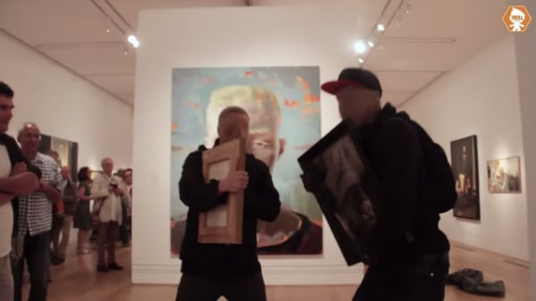 Screenshot of Trollstation's YouTube video of the faux heist at National Portrait Gallery from July 2015. 
