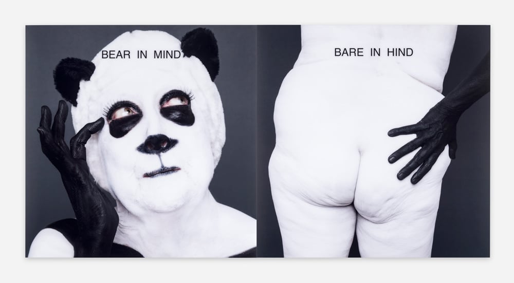 Martha Wilson, “Bear in Mind/Bare in Hind,” 2014, C-Print face mounted to plexi, 48 x 96 inches overall, Edition 1 of 5. Courtesy the artist and P•P•O•W