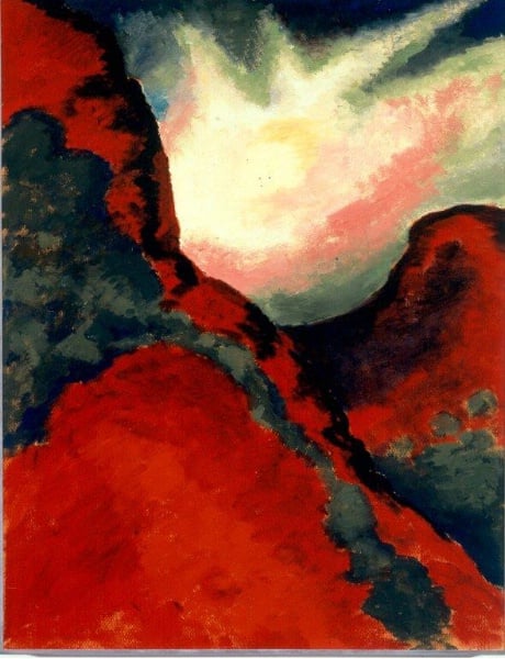 Georgia O’Keeffe, <em>Red Landscape</em> (1916–17). Courtesy of the Panhandle–Plains Historical Museum.