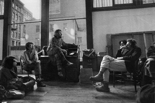 Seminar with artist Donald Judd at his studio in 1974. On Judd’s left is Ron Clark, and on his right is artist Julian Schnabel. Courtesy of Barbara Quinn.