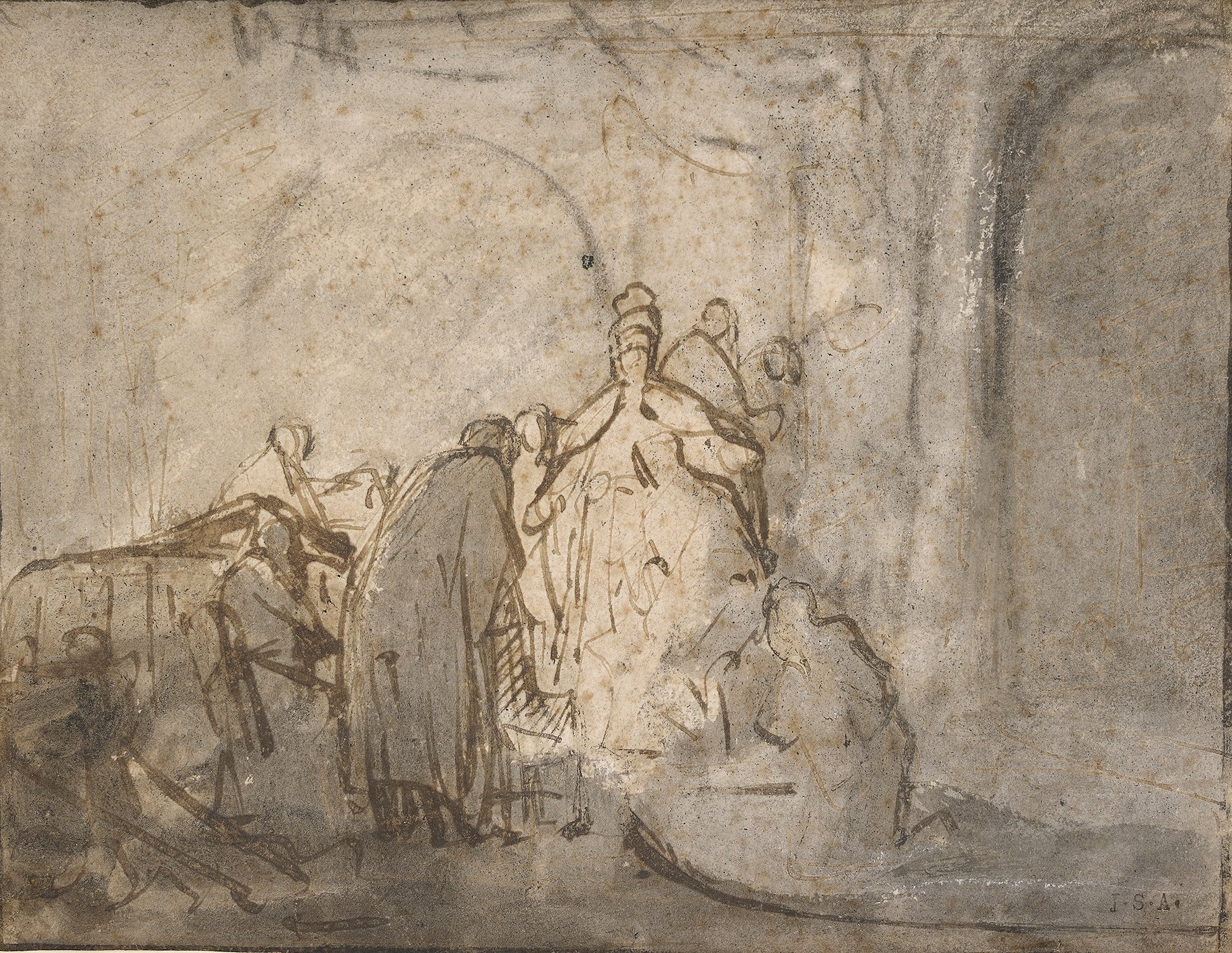 Rembrandt van Rijn (1606-1669), Judas Returning the Thirty Pieces of Silver (recto), ca. 1629, Pen and brown ink and gray wash over black chalk. Private collection