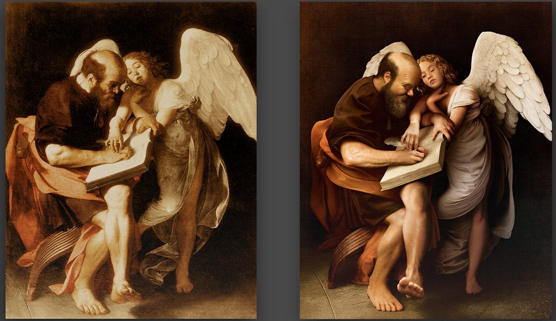 Caravaggio, <em>Saint Matthew and the Angel</em> and a recreation made by Jean-Charles Debroize using Adobe Stock Photography. Courtesy of Jean-Charles Debroize and Adobe. 