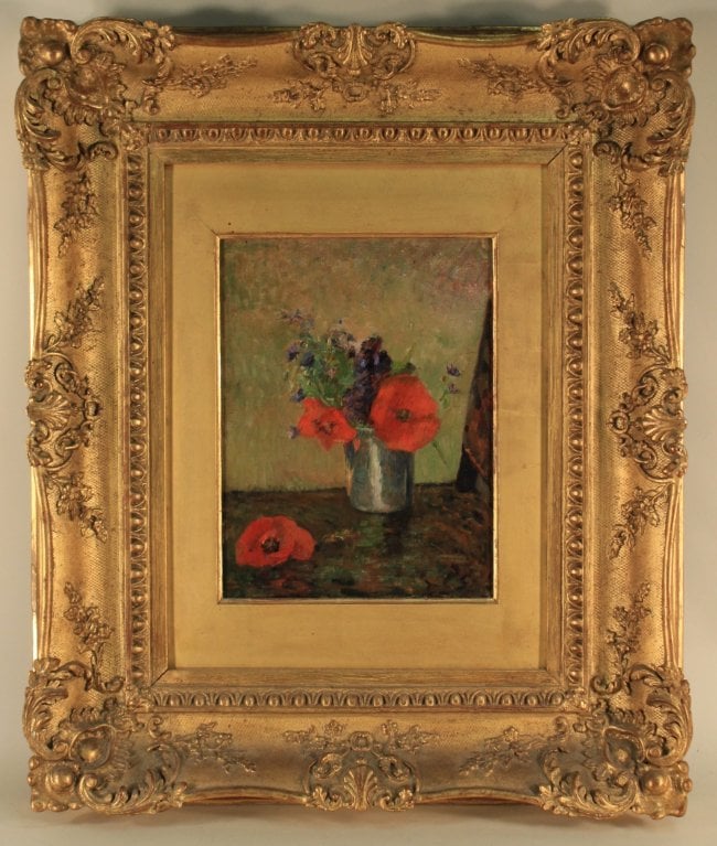 Paul Gauguin, Fleurs D'Ete Dans Une Goblet (1885) in a frame. Courtesy Litchfield County Auctions.