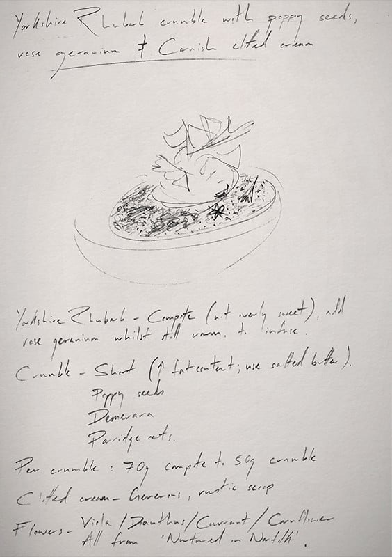 Ollie Dabbous's sketch for a rhubarb crumble inspired by Barbara Hepworth. Courtesy of Sotheby's London.