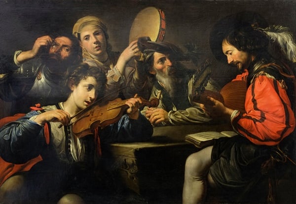 Concert with four people and a drinker is attributed to the workshop of Valentin de Boulogne (1591–1632). Imae: Courtesy of The Art Loss Register, London.