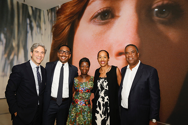 Michael Govan, LACMA; Eduardo Soriano Huet, Thelma Golden, Studio Museum, Naima Keith, California African American Museum and George Davis, California African American Museum pose during the "Cindy Sherman: Imitation of Life" exhibition opening at the Broad museum in Los Angeles. Courtesy photographer Ryan Miller/Capture Imaging.