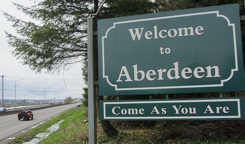 The welcome sign to Aberdeen, Washington, is seen on April 1, 2014 along wi...