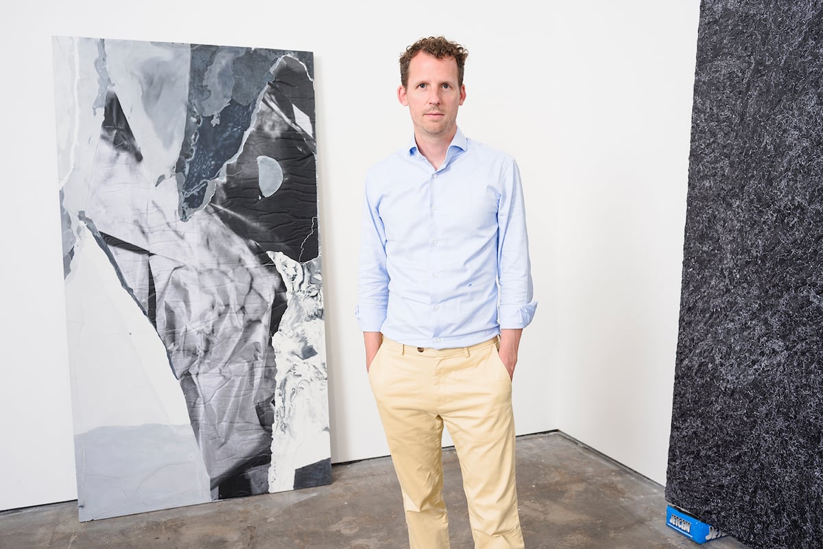 Jan Wentrup with works by artist duo Peles Empire. Photo: courtesy Wentrup Gallery, Berlin.