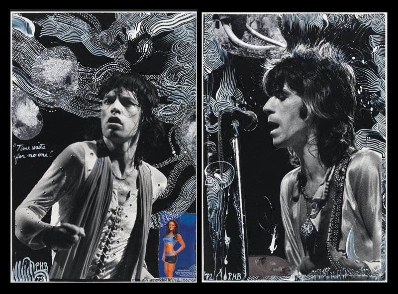 Peter Beard, Time waits for no one...(Mick Jagger and Keith Richards) (1972/2015). Gelatin silver print with archival digital print collage, paper ephemera, ink, 13 3/4 x 18 3/4 inches (34.9 x 47.6 cm), ©Peter Beard, Courtesy of Peter Beard Studio, www.peterbeard.com