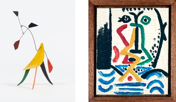 Alexander Calder, <em>Untitled</em> (circa 1942) and Pablo Picasso, <em>Portrait d'homme barbu Mougins</em> (1964). Courtesy Almine Rech, photographer Tom Powel, © 2016 Calder Foundation, New York/Artist Rights Society (ARS), New York/Art Resource, New York, and photographer Marc Domage, © FABA.