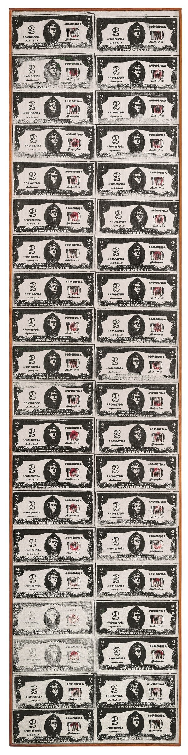 Andy Warhol, Two Dollar Bills (Fronts) [40 Two Dollar Bills in red] (1962). Courtesy of Christie's Images Ltd. 