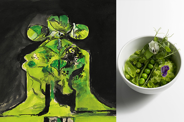 Graham Sutherland, Rock with Three Heads II (detail) and Ollie Dabbous pea and mint dish. Courtesy of Sotheby's London.