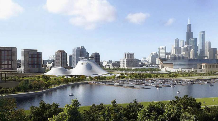Rendering for the new Lucas Museum of Narrative Art, Chicago. Courtesy of MAD Architects.