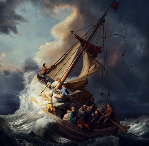 Rembrandt van Rijn‘s Christ in the Storm on the Sea of Galilee, recreated by Ankur Patar.