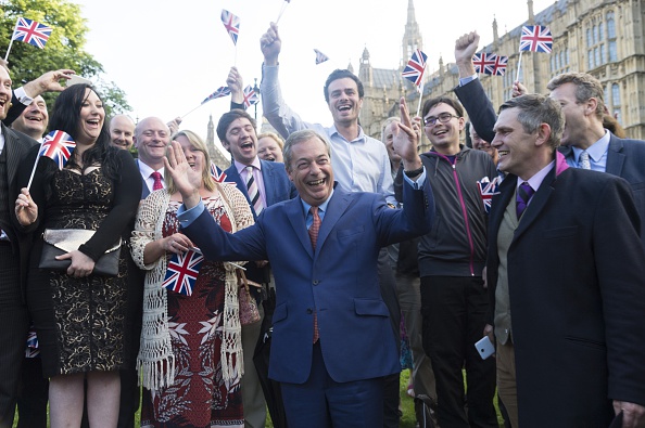 LONDON, UNITED KINGDOM - JUNE 24: UKIP party leader Nigel Farage greets supporters before a press conference in Westminster after British people voted in the British EU Referendum to leave the European Union in London, United Kingdom on June 24, 2016 (Photo by Ray Tang/Anadolu Agency/Getty Images)