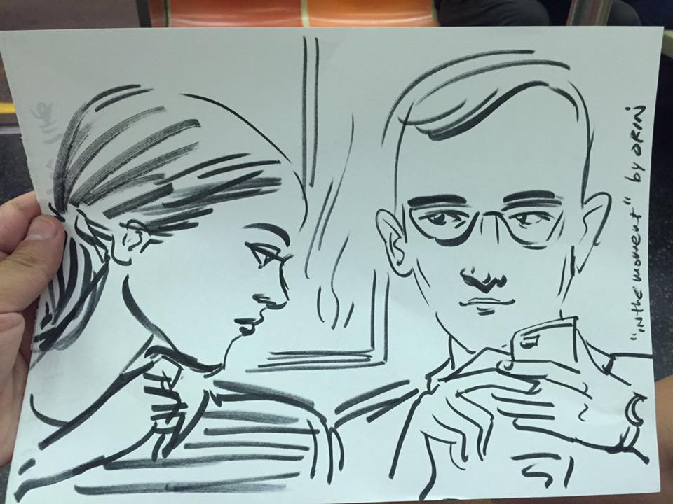 Orin, <em>In the Moment</em> (2016), a sketch drawn on the subway of the author and her boyfriend. Courtesy of Nathan Monroe-Yavneh.