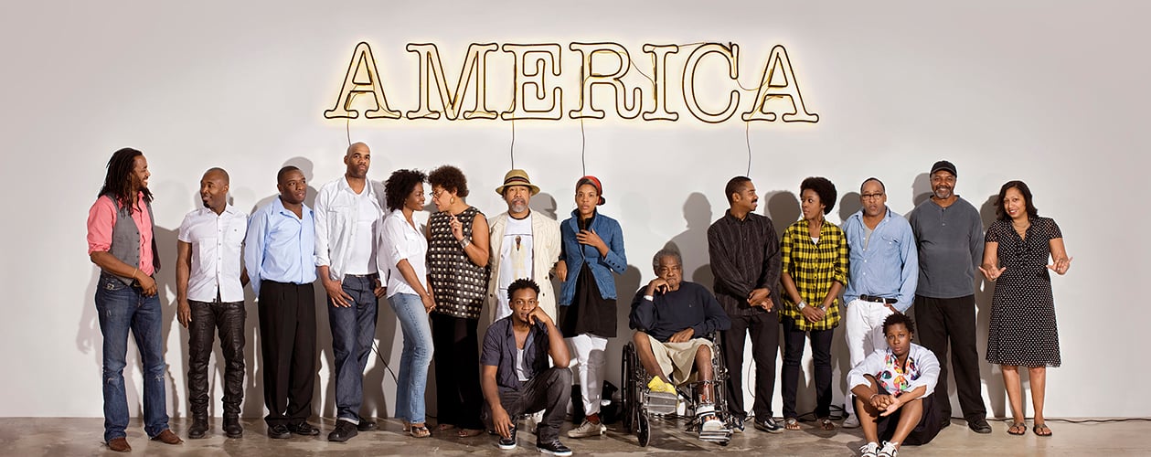 30 Americans Artists, December 5, 2008. Left to right: Rashid Johnson, Nick Cave, Kalup Linzy, Jeff Sonhouse, Lorna Simpson, Carrie Mae Weems, Barkley L. Hendricks, Hank Willis Thomas (front row), Xaviera Simmons, Purvis Young, John Bankston, Nina Chanel Abney, Henry Taylor, Mickalene Thomas (front row), Kerry James Marshall, and Shinique Smith. Photo: Kwaku Alston. Courtesy of Rubell Family Collection