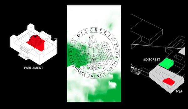 Still from DISCREET trailer (2016). DISCREET logo overlaying a map of Akademie der Künste, the Reichstag, and the American Embassy, where the NSA tapped Angela Merkel's cell phone. Image courtesy of Armen Avanessian/Alexander Martos © Christopher Roth. 