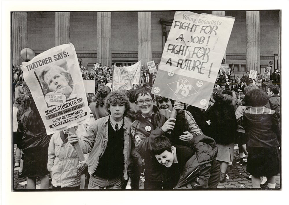 Dave Sinclair, Youth Training Scheme Protest, Liverpool, 25 April 1985. Image courtesy of Dave Sinclair.