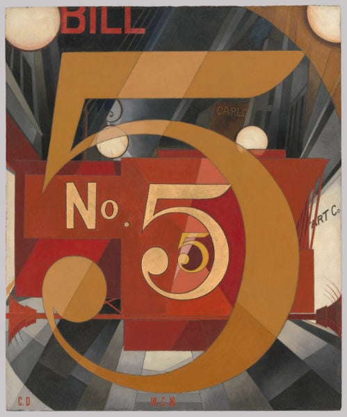 "I Saw the Figure 5 in Gold" (1928). Charles Demuth. Oil, graphite, ink, and gold leaf on paperboard. 35 1/2 x 30 in. Alfred Stieglitz Collection, 1949.