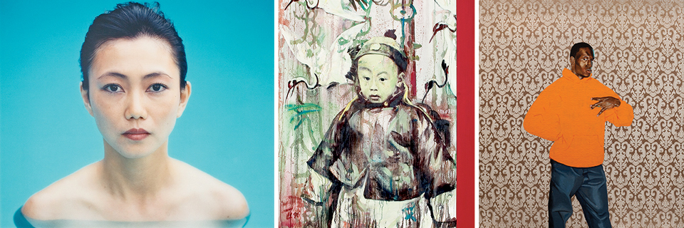 From left: Roland Fischer, <em>Untitled (L.A. Portrait)</em> (1994-2000); Hung Liu, <em>Baby King II</em> (1996); Kehinde Wiley, <em>Passing/Posing</em> (2002). Courtesy of the Rhona Hoffman Galle via the Wadsworth.