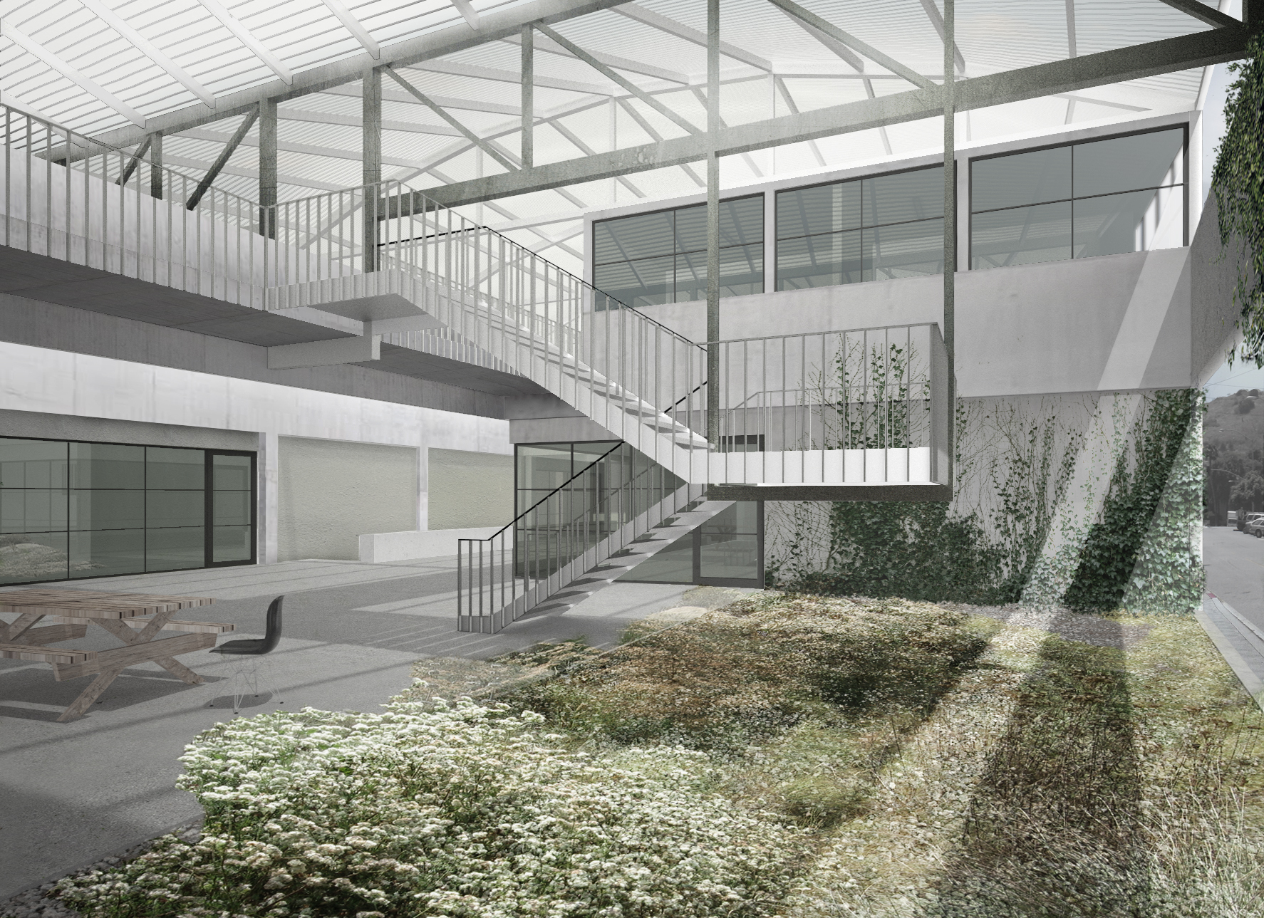 A rendering of the planned covered garden at the UCLA Graduate Art Studios. Courtesy of UCLA Arts. 