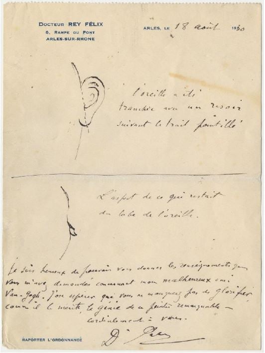 A letter from Felix Rey to Irving Stone with drawings of Vincent van Gogh's mutilated ear (August 18, 1930). Courtesy of Van Gogh museum, Amsterdam.