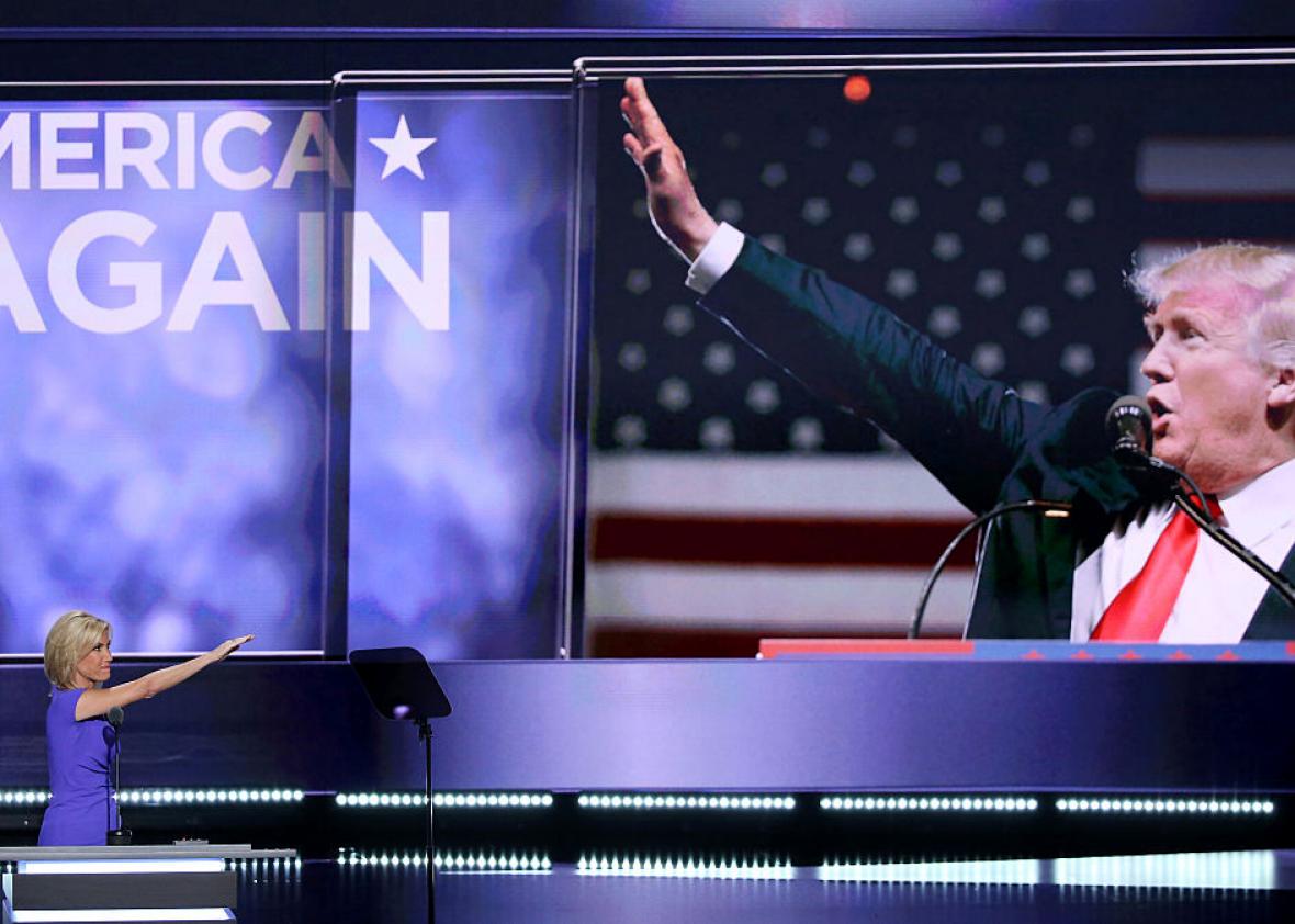 Radio host Laura Ingraham appears to make the Nazi salute while speaking during the Republican National Convention in Cleveland on Wednesday, July 20, 2016. Courtesy Daniel Acker/Getty Images.