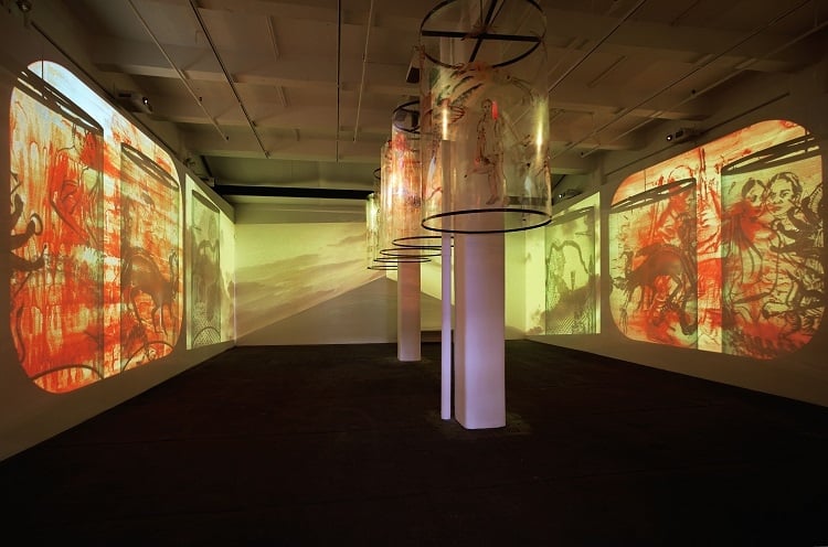 Installation view, "Nalini Malani: In Search of Vanished Blood." Courtesy Galerie Lelong, New York, © Nalini Malani.