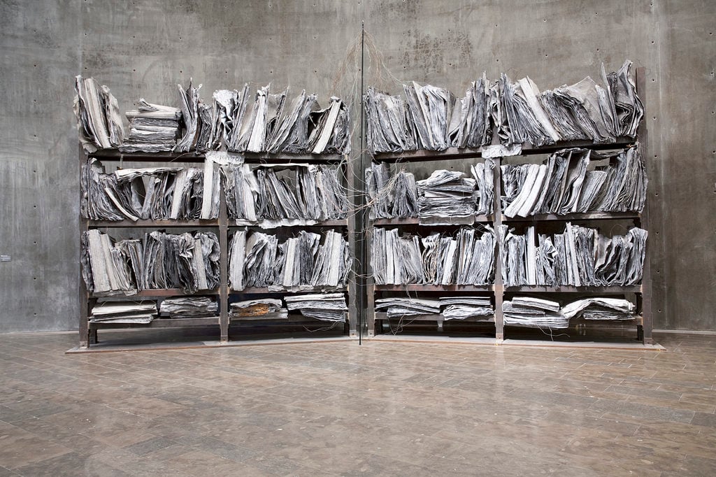 Anselm Kiefer, The High Priestess/Zweistromland, (1985-1989). A similar sculpture has been destroyed by thieves looking for scrap metal. Courtesy Astrup Fearnly Museet