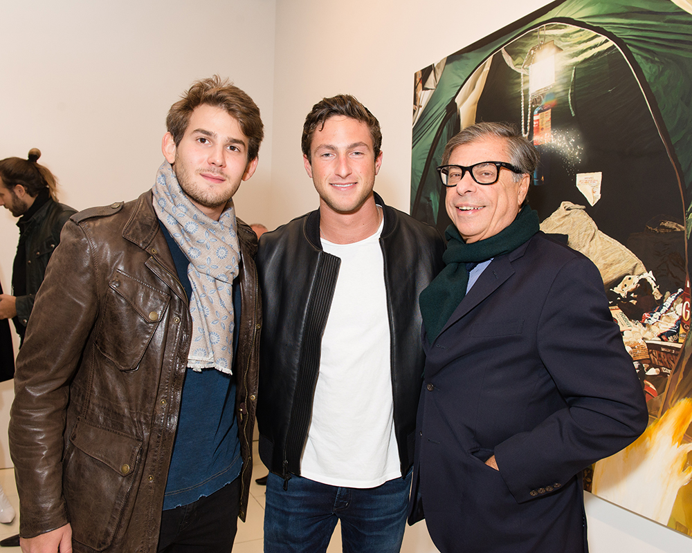 Maks Ezrin, Gaby Rosen, and Bob Colacello at the opening of "Dan Colen: First they exchanged anecdotes and inclinations" at Vito Schnabel Projects. Courtesy of BFA.