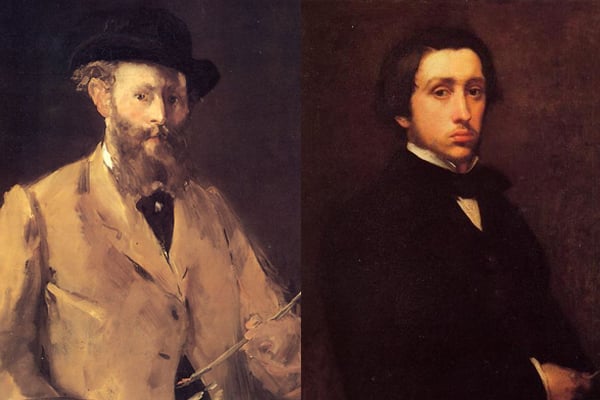 Left: Edouard Manet, <em>Self Portrait with a Palette</em> (1879). Courtesy of Wikimedia Commons. Right: Edgar Degas, <em>Self-Portrait</em> (1855). Courtesy of Wikimedia Commons.