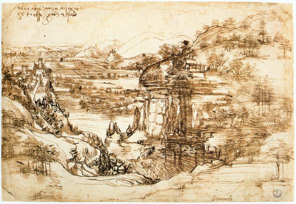 Leonardo da Vinci, Landscape Drawing for Santa Maria Della Nave (1473). Courtesy of the Uffizi Gallery, Florence, Italy.