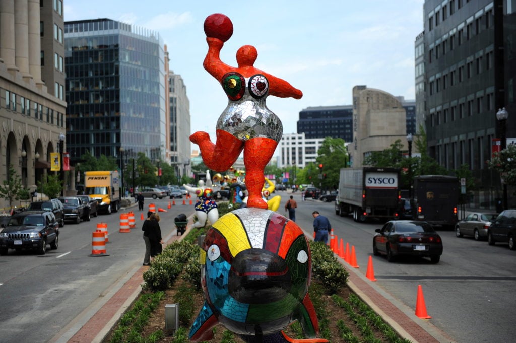 Fiber glass and colored mirror sculptures by renowned French sculptor Niki de Saint Phalle are part of a new unique installation sponsored by the National Museum of Women in the Arts and the District Department of Transportation through its Transportation Enhancement Program on April 16, 2010 in Washington, DC. The New York Avenue Sculpture Project is the first and only major outdoor sculpture corridor in the Nation?s capital, featuring changing installations of world-class art by women. AFP PHOTO / Tim Sloan (Photo credit should read TIM SLOAN/AFP/Getty Images)