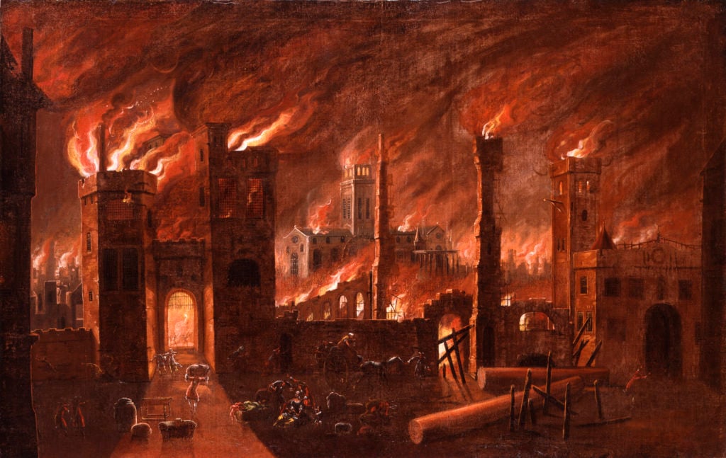 Oil painting of the Great Fire seen from Newgate, ( c1670-1678), originally black with dirt, the painting was restored by William Jones c1910. Photo courtesy Museum of London