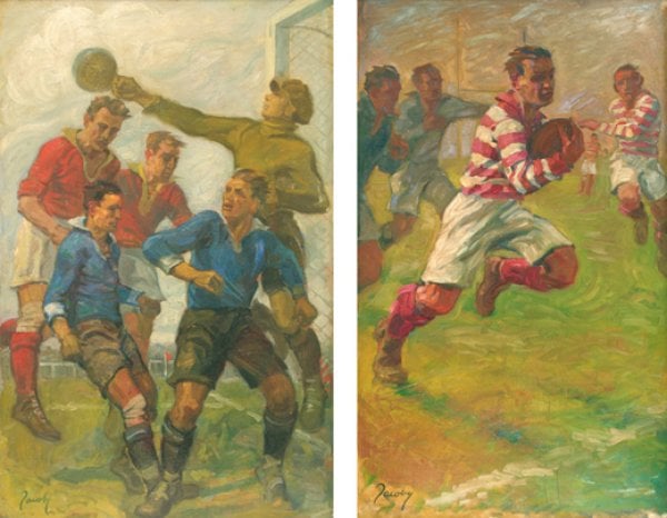 Jean Jacoby's <em>Corner</em>, left, and <em>Rugby</em>. At the 1928 Olympic Art Competitions in Amsterdam, Jacoby won a gold medal for <em>Rugby</em>. Courtesy of the Olympic Museum Lausanne.